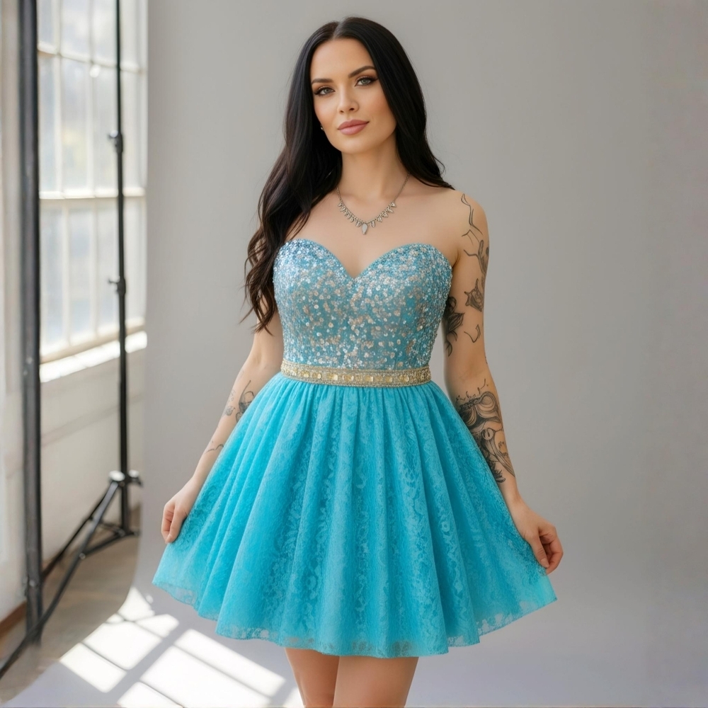 Sherri Hill ✦ Teal Sequin Strapless Dress ✦ Crystal Belt Lace Overlay Sz 4 NWOT